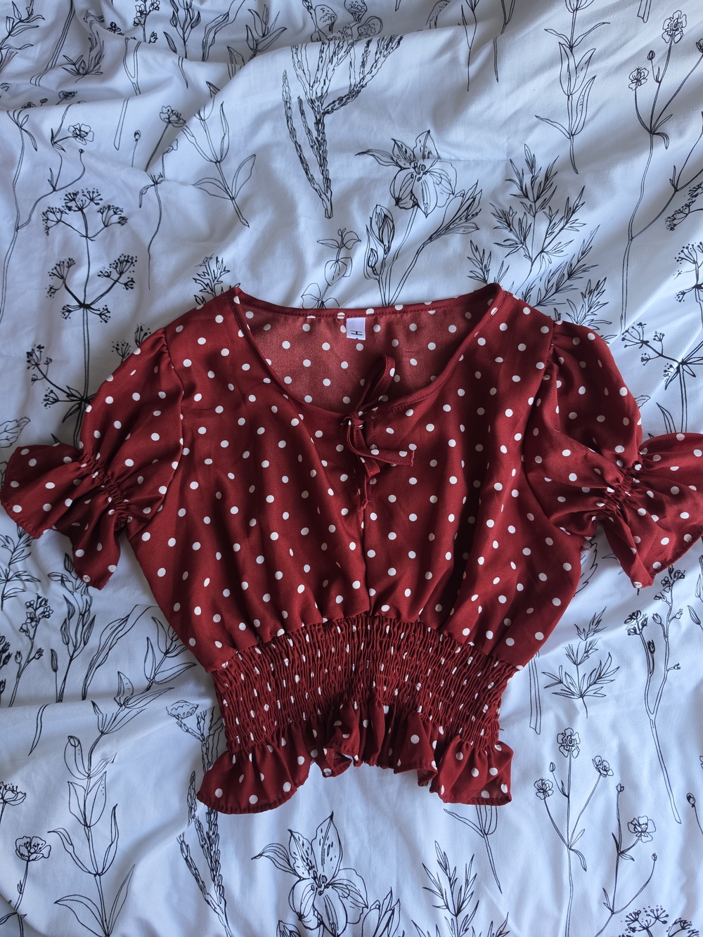 Red Polka Dot Smocked Waist Crop Top